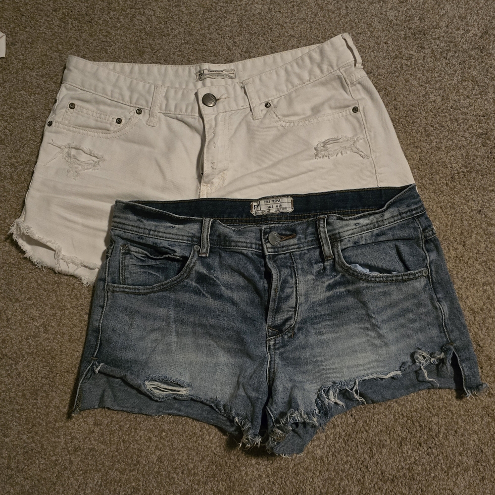Free People Blue and White Jean Shorts with Distressed Details